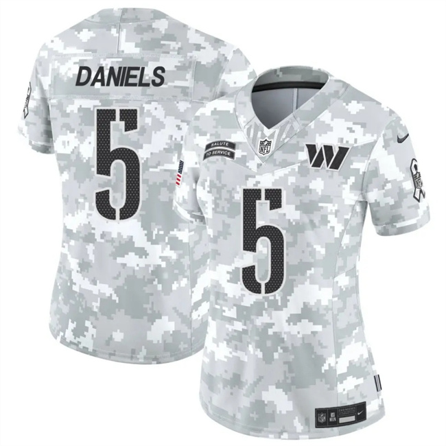 Personalized Women’s Washington Commanders #5 Jayden Daniels 2024 F.U.S.E Arctic Camo Salute To Service(Run Small)