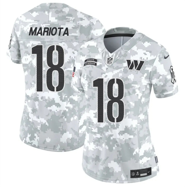 Personalized Women’s Washington Commanders #18 Marcus Mariota 2024 F.U.S.E Arctic Camo Salute To Service(Run Small)