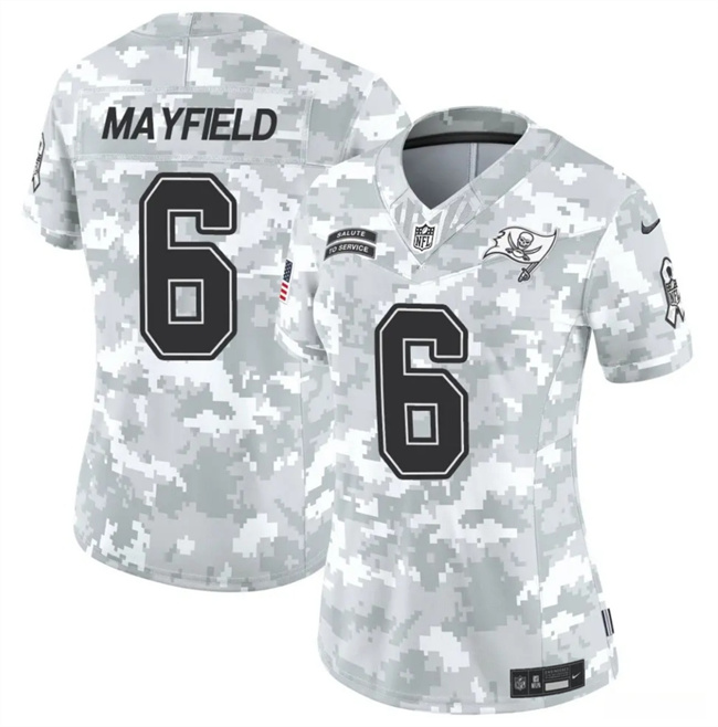 Personalized Women’s Tampa Bay Buccaneers #6 Baker Mayfield 2024 F.U.S.E Arctic Camo Salute To Service Limited Stitched Football Jersey(Run Small)