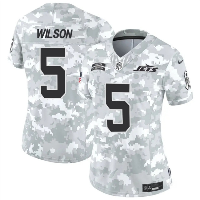 Personalized Women’s New York Jets #5 Garrett Wilson 2024 F.U.S.E Arctic Camo Salute To Service Limited Stitched Jersey(Run Small)
