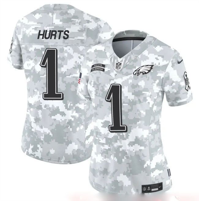 Personalized Women’s Philadelphia Eagles #1 Jalen Hurts 2024 F.U.S.E Arctic Camo Salute To Service Limited Stitched Jersey(Run Small)