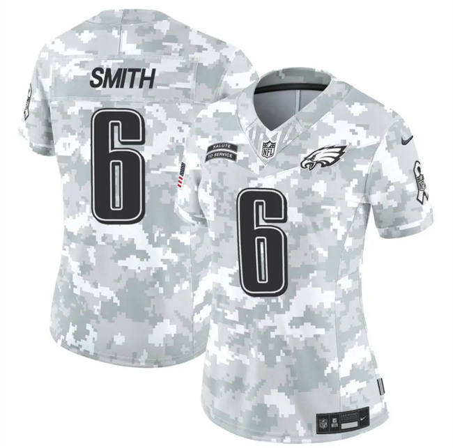 Personalized Women’s Philadelphia Eagles #6 DeVonta Smith 2024 F.U.S.E Arctic Camo Salute To Service Limited Stitched Jersey(Run Small)