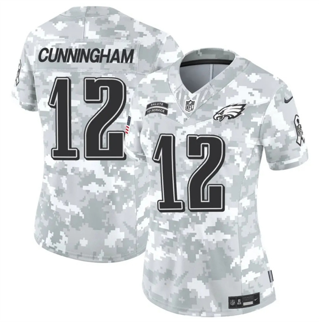 Personalized Women’s Philadelphia Eagles #12 Randall Cunningham 2024 F.U.S.E Arctic Camo Salute To Service Limited Stitched Jersey(Run Small)