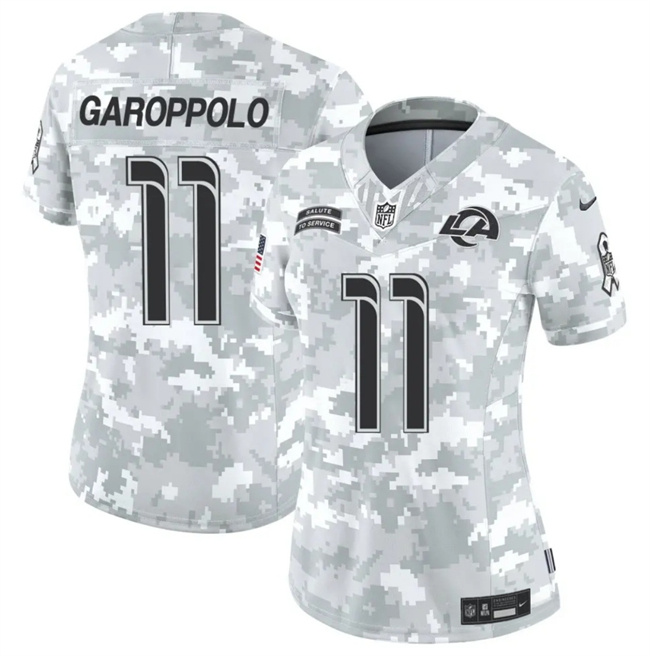Personalized Women’s Los Angeles Rams #11 Jimmy Garoppolo 2024 F.U.S.E Arctic Camo Salute To Service Limited Stitched Football Jersey(Run Small)