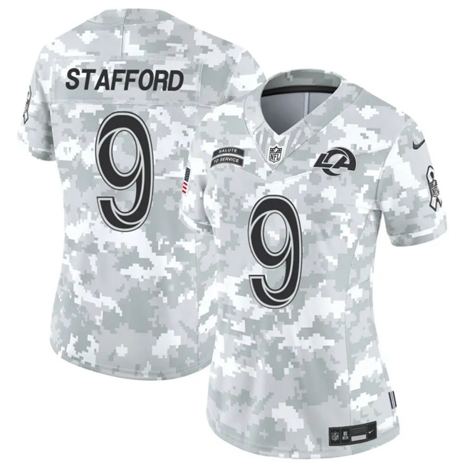 Personalized Women’s Los Angeles Rams #9 Matthew Stafford 2024 F.U.S.E Arctic Camo Salute To Service Limited Stitched Football Jersey(Run Small)