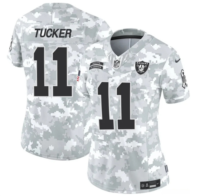 Personalized Women’s Las Vegas Raiders #11 Tre Tucker 2024 F.U.S.E Arctic Camo Salute To Service Limited Stitched Jersey(Run Small)