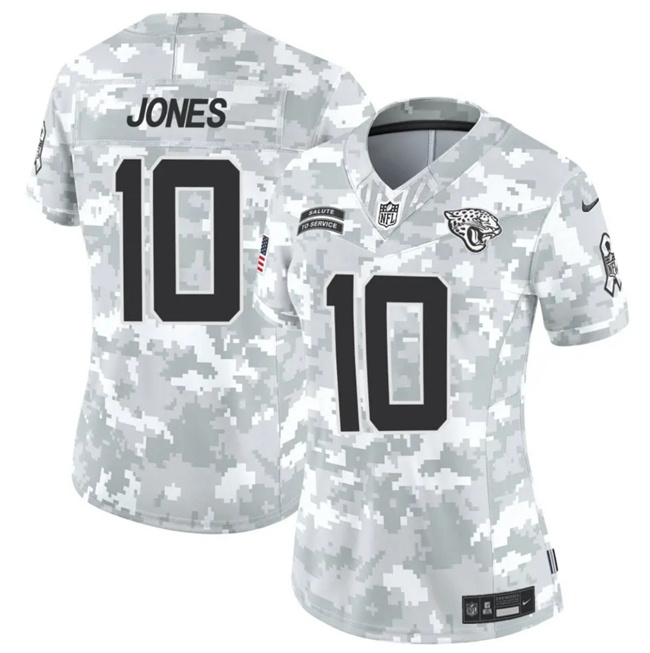 Personalized Women’s Jacksonville Jaguars #10 Mac Jones 2024 F.U.S.E Arctic Camo Salute To Service Limited Stitched Football Jersey(Run Small)