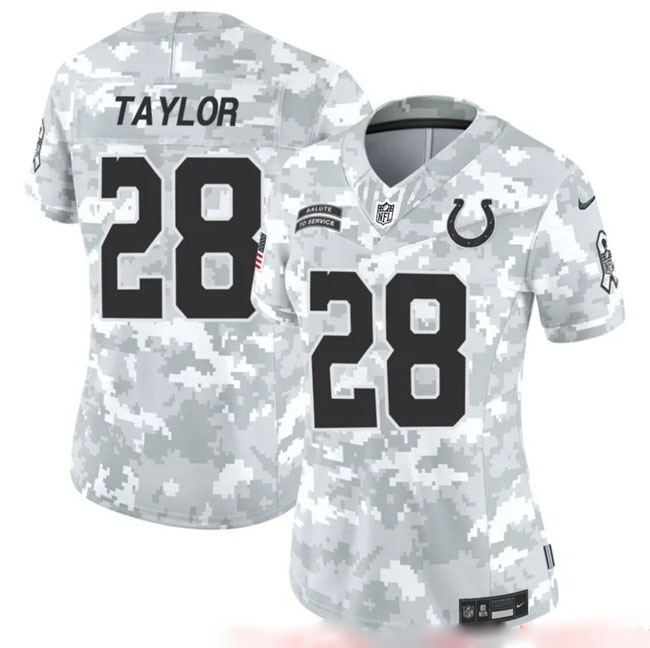 Personalized Women’s Indianapolis Colts #28 Jonathan Taylor 2024 F.U.S.E Arctic Camo Salute To Service Limited Stitched Jersey(Run Small)