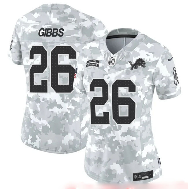 Personalized Women’s Detroit Lions #26 Jahmyr Gibbs 2024 F.U.S.E Arctic Camo Salute To Service Limited Stitched Jersey(Run Small)
