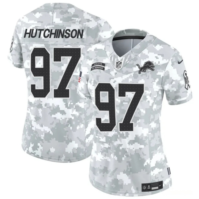 Personalized Women’s Detroit Lions #97 Aidan Hutchinson 2024 F.U.S.E Arctic Camo Salute To Service Limited Stitched Jersey(Run Small)
