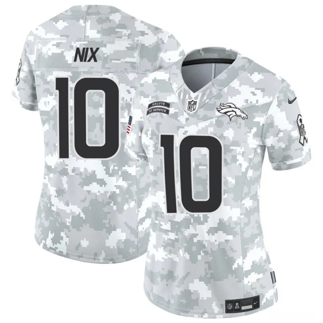 Personalized Women’s Denver Broncos #10 Bo Nix 2024 F.U.S.E Arctic Camo Salute To Service Limited Stitched Jersey(Run Small)