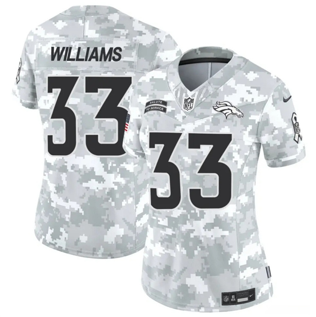 Personalized Women’s Denver Broncos #33 Javonte Williams 2024 F.U.S.E Arctic Camo Salute To Service Limited Stitched Jersey(Run Small)