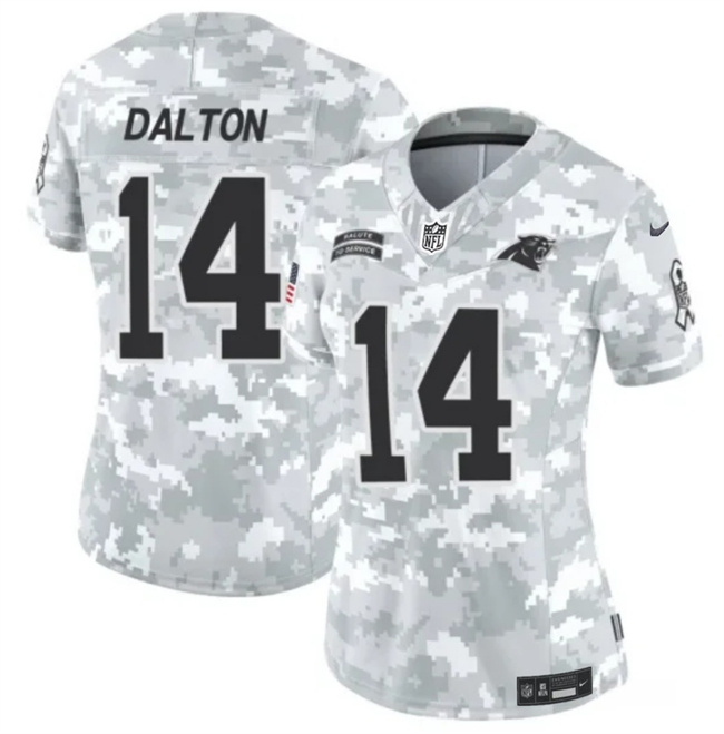 Personalized Women’s Carolina Panthers #14 Andy Dalton 2024 F.U.S.E Arctic Camo Salute To Service Limited Stitched Football Jersey(Run Small)