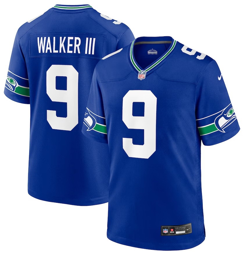 Personalized Men’s Seattle Seahawks #9 Kenneth Walker III Royal Throwback Player Game Jersey
