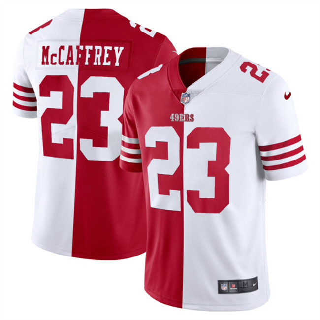 Personalized Men’s San Francisco 49ers #23 Christian McCaffrey Red & White Split Limited Stitched Jersey