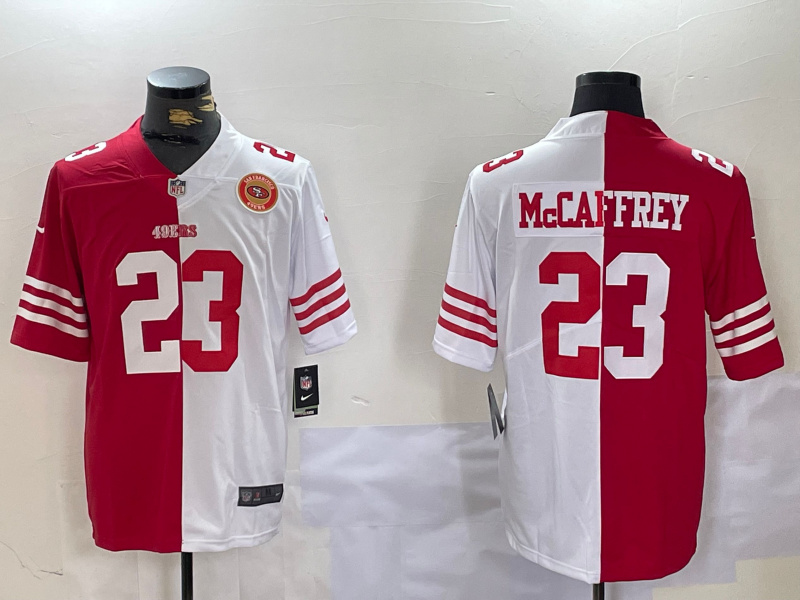 Personalized Men’s San Francisco 49ers #23 Christian McCaffrey Red & White Split Limited Stitched Jerseys