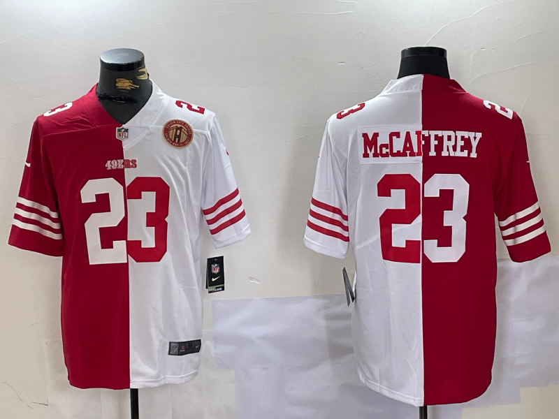 Personalized Men’s San Francisco 49ers #23 Christian McCaffrey Red & White Split Limited Stitched Jerseys