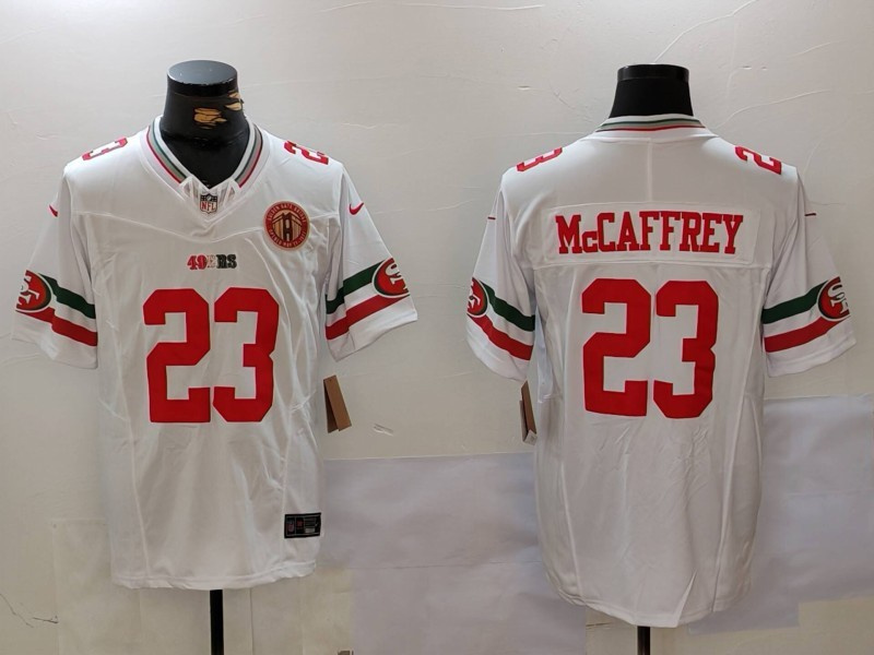Personalized Men’s San Francisco 49ers #23 Christian McCaffrey White Gold With 75th Patch Limited Stitched Football Jersey