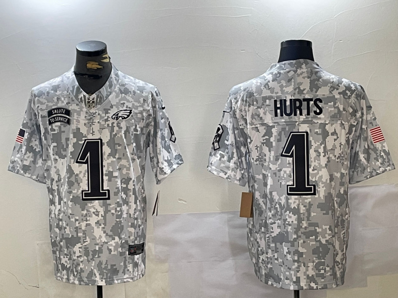 Personalized Men’s Philadelphia Eagles #1 Jalen Hurts 2024 F.U.S.E Arctic Camo Salute To Service Limited Stitched Football jerseys