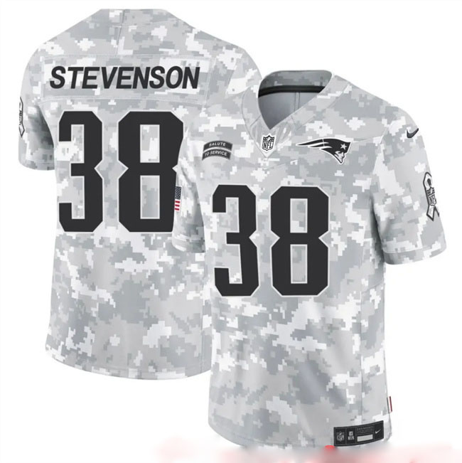 Personalized Men’s New England Patriots #38 Rhamondre Stevenson 2024 F.U.S.E Arctic Camo Salute To Service Limited Stitched Jersey