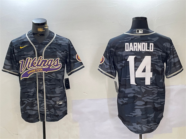 Personalized Men’s Minnesota Vikings #14 Sam Darnold Grey Camo Cool Base Stitched Baseball Jersey
