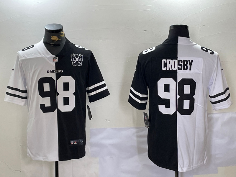 Personalized Men’s Las Vegas Raiders #98 Maxx Crosby Black & White Split With 65th Anniversary Patch Limited Stitched Jerseys