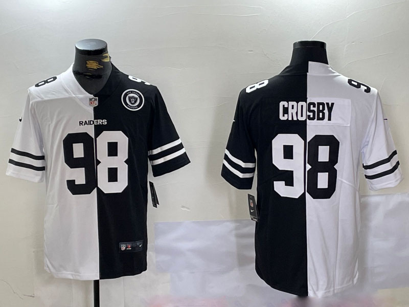 Personalized Men’s Las Vegas Raiders #98 Maxx Crosby Black & White Split With 65th Anniversary Patch Limited Stitched Jerseys
