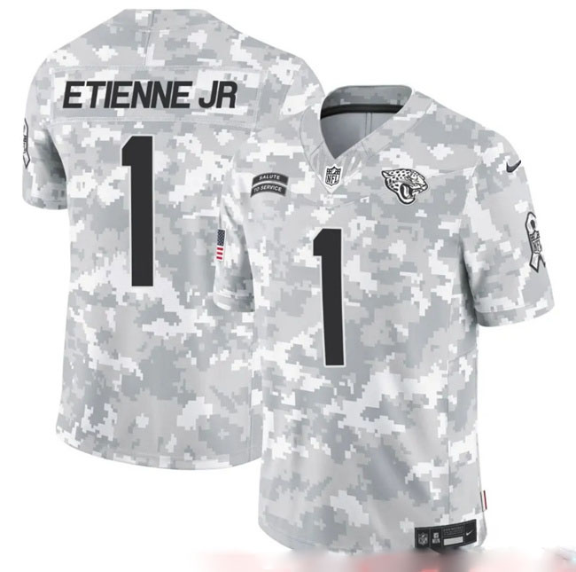 Personalized Men’s Jacksonville Jaguars #1 Travis Etienne Jr. 2024 F.U.S.E Arctic Camo Salute To Service Limited Stitched Football Jersey
