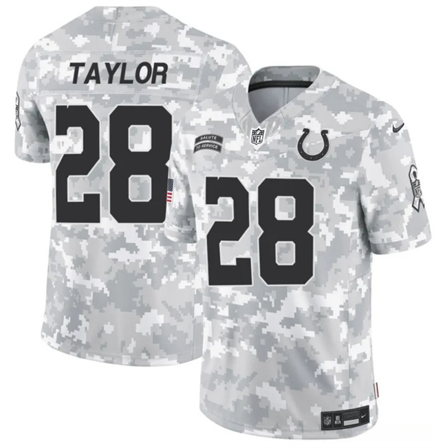Personalized Men’s Indianapolis Colts #28 Jonathan Taylor 2024 F.U.S.E Arctic Camo Salute To Service Limited Stitched Football Jersey