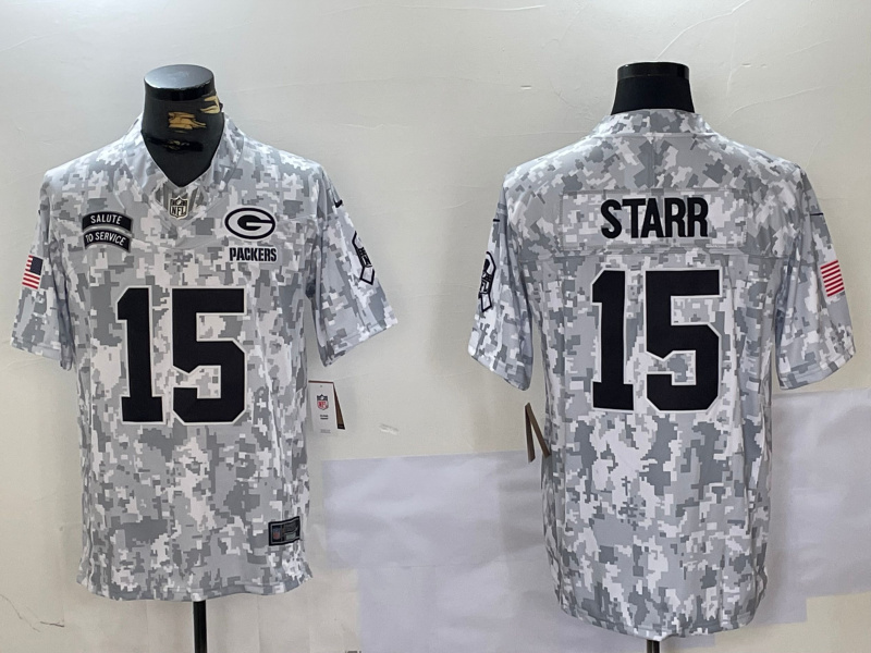 Personalized men’s green bay packers #15 bart starr 2024 f.u.s.e arctic camo salute to service limited stitched football jersey