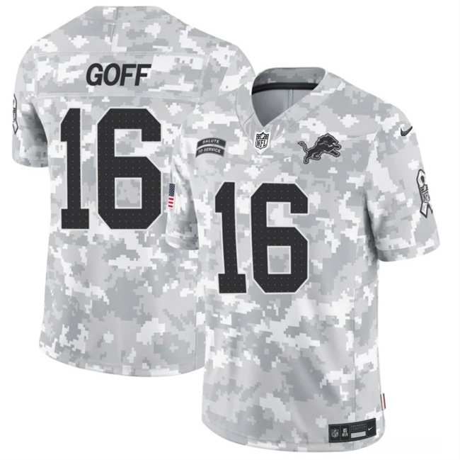 Personalized Men’s Detroit Lions #16 Jared Goff 2024 F.U.S.E Arctic Camo Salute To Service Limited Stitched Football Jersey