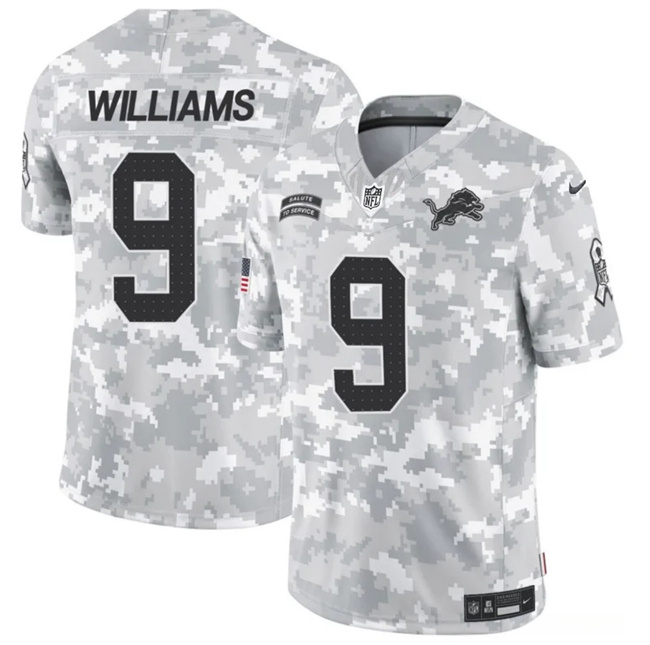 Personalized Men’s Detroit Lions #9 Jameson Williams 2024 F.U.S.E Arctic Camo Salute To Service Limited Stitched Football Jersey