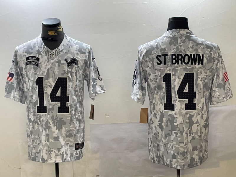 Personalized Men’s Detroit Lions #14 Amon-Ra St. Brown 2024 F.U.S.E Arctic Camo Salute To Service Limited Stitched Football jerseys