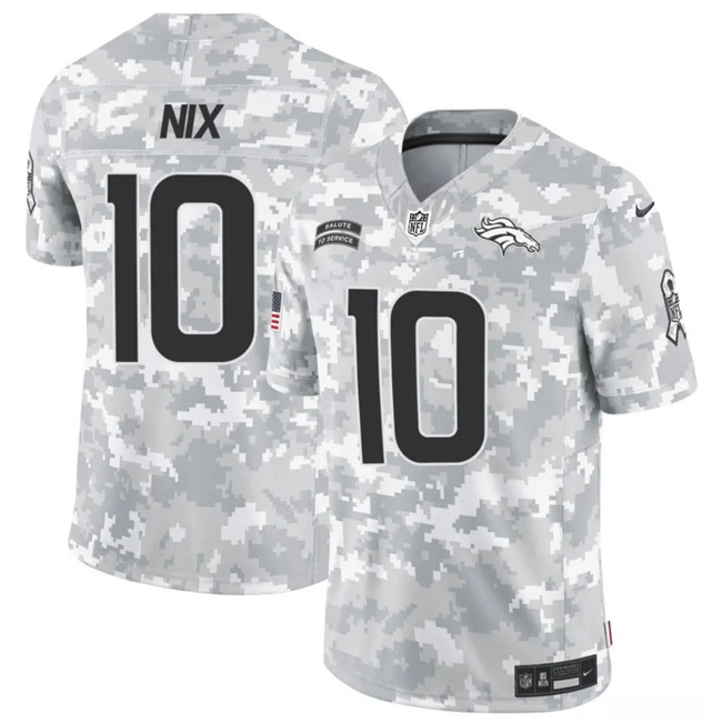 Personalized Men’s Denver Broncos #10 Bo Nix 2024 F.U.S.E Arctic Camo Salute To Service Limited Stitched Football Jersey