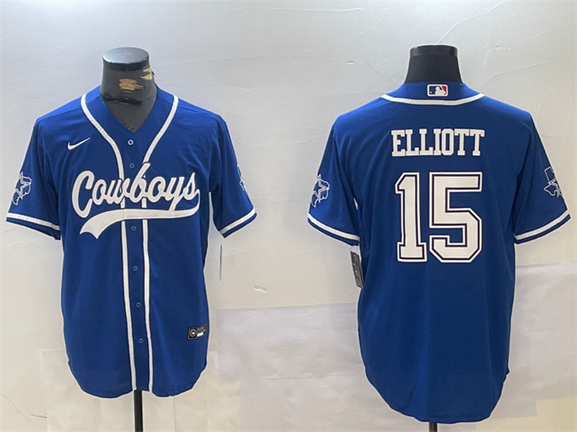 Personalized Men’s Dallas Cowboys #15 Ezekiel Elliott Royal With Patch Cool Base Stitched Baseball Jersey