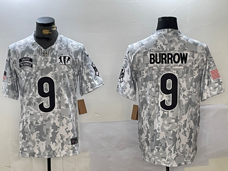 Personalized Men’s Cincinnati Bengals #9 Joe Burrow 2024 F.U.S.E Arctic Camo Salute To Service Limited Stitched Football jerseys