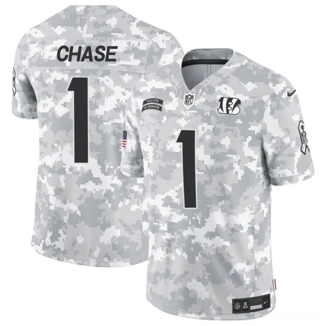 Personalized Men’s Cincinnati Bengals #1 Ja’Marr Chase 2024 F.U.S.E Arctic Camo Salute To Service Limited Stitched Football Jersey