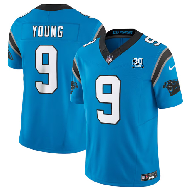Personalized Men’s Carolina Panthers #9 Bryce Young Blue 2024 30th Anniversary Patch F.U.S.E. Limited Stitched Football Jersey