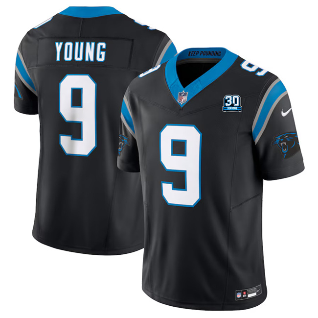 Personalized Men’s Carolina Panthers #9 Bryce Young Black 2024 30th Anniversary Patch F.U.S.E. Limited Stitched Football Jersey