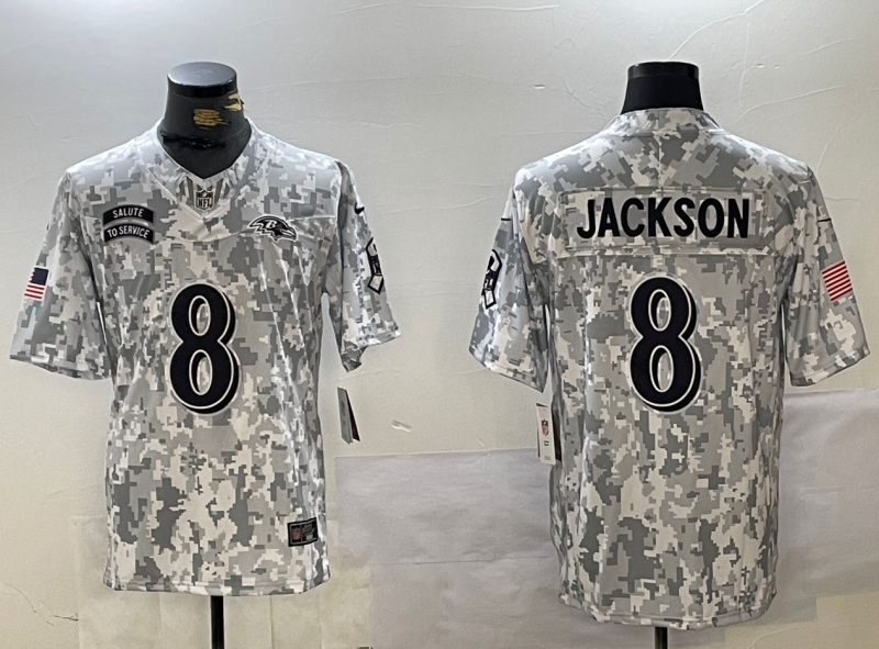 Personalized Men’s Baltimore Ravens #8 Lamar Jackson 2024 F.U.S.E Arctic Camo Salute To Service Limited Stitched Football Jersey