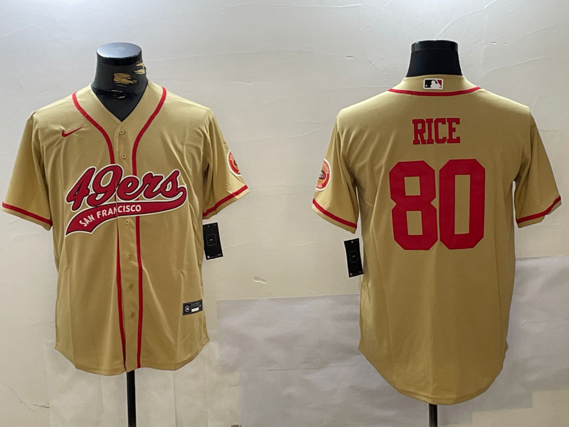 Personalized Men’s San Francisco 49ers #80 Jerry Rice Gold With Patch Cool Base Stitched Baseball Jerseys