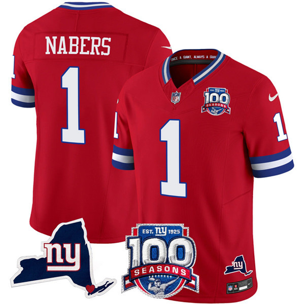 Personalized Men’s New York Giants #1 Malik Nabers Red 2024 F.U.S.E. 100th Season And State Patch Limited Stitched Football Jersey