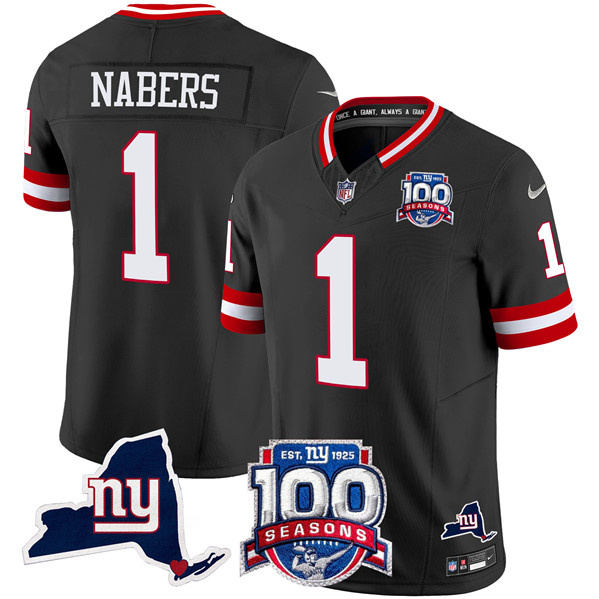 Personalized Men’s New York Giants #1 Malik Nabers Black 2024 F.U.S.E. 100th Season And State Patch Limited Stitched Football Jersey