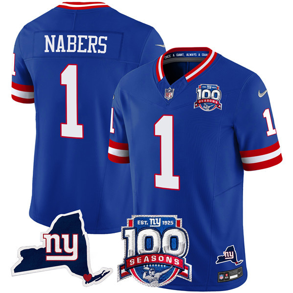 Personalized Men’s New York Giants #1 Malik Nabers Royal 2024 F.U.S.E. 100th Season And State Patch Limited Stitched Football Jersey
