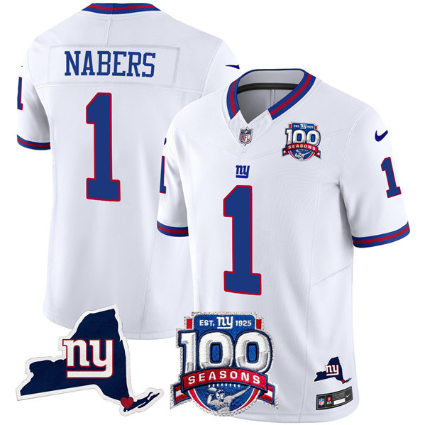 Personalized Men’s New York Giants #1 Malik Nabers White 2024 F.U.S.E. 100th Season And State Patch Limited Stitched Football Jersey