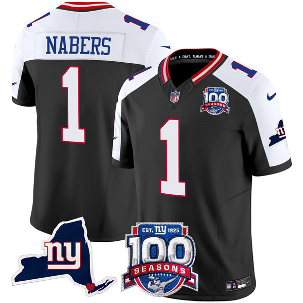 Personalized Men’s New York Giants #1 Malik Nabers Black 2024 F.U.S.E. 100th Season And State Patch Limited Alternate Stitched Football Jersey
