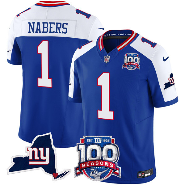 Personalized Men’s New York Giants #1 Malik Nabers Royal 2024 F.U.S.E. 100th Season And State Patch Limited Alternate Stitched Football Jersey