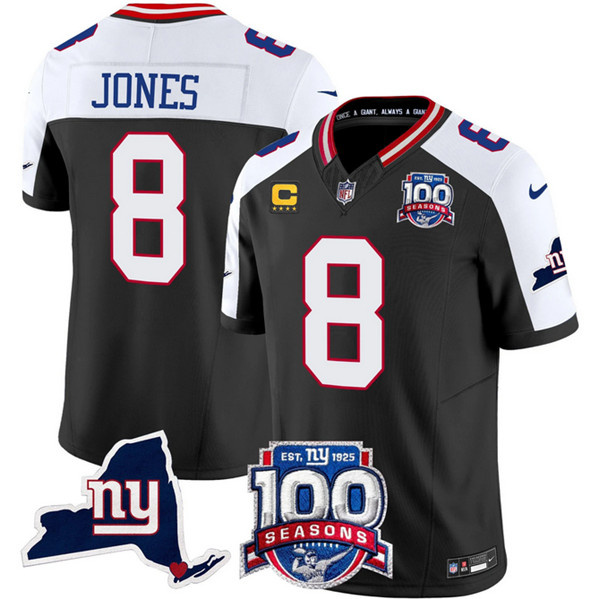 Personalized Men’s New York Giants #8 Daniel Jones Black 2024 F.U.S.E. With 4-Star C Patch 100th Season And State Patch Limited Alternate Stitched Football Jersey
