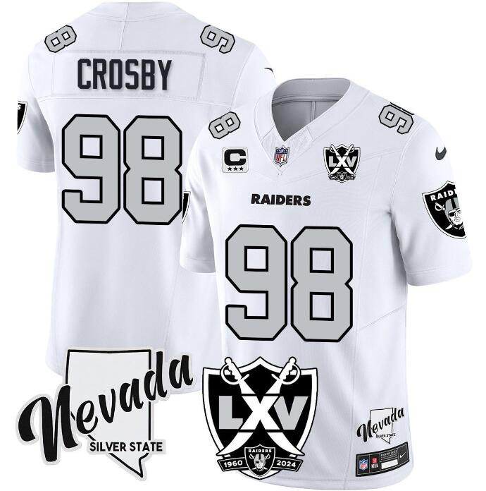 Personalized Men’s Las Vegas Raiders #98 Maxx Crosby White 2024 F.U.S.E With Nevada Silver Stat Patch And 65th Anniversary Patch 3-Star C Patch Stitched Football Jersey