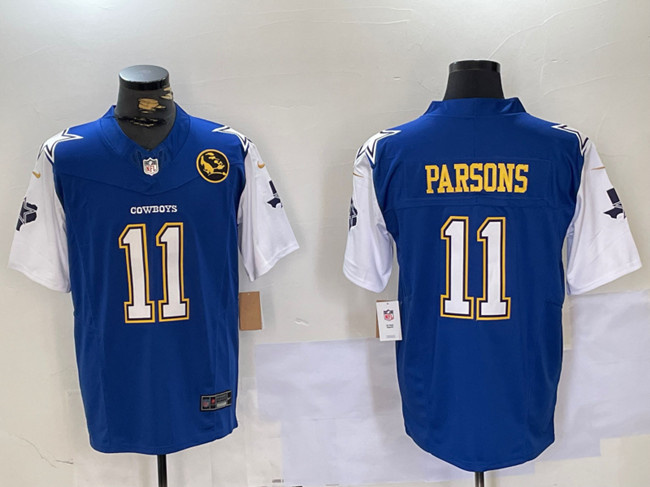 Personalized Men’s Dallas Cowboys #11 Micah Parsons 2024 F.U.S.E. Navy Gold With Texas & John Madden Patch Stitched Football Jersey
